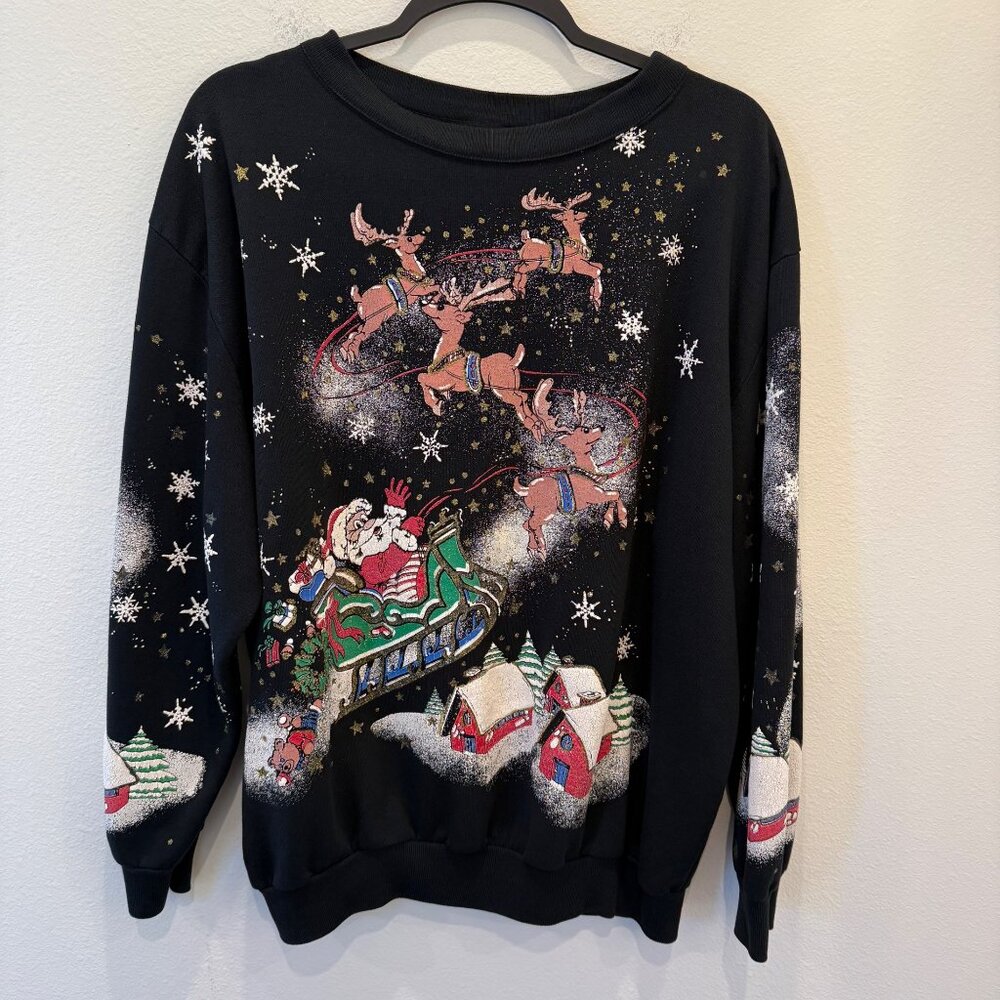 VTG Holiday Time Santa Claus Christmas Womens Sweatshirt Large Santa Reindeer